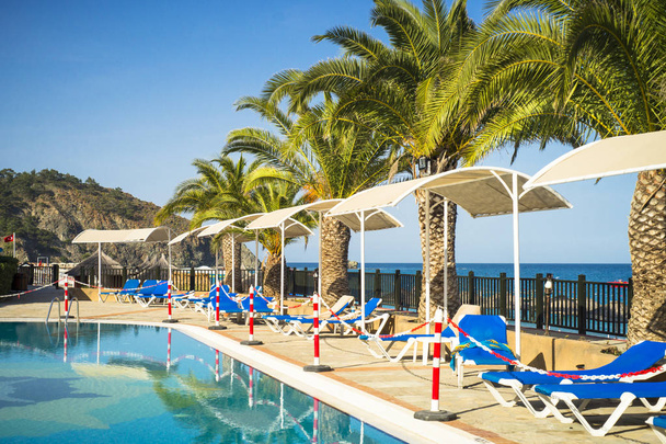 Tropický hotel bazén palmy a salonek. Letní dovolená. - Fotografie, Obrázek
