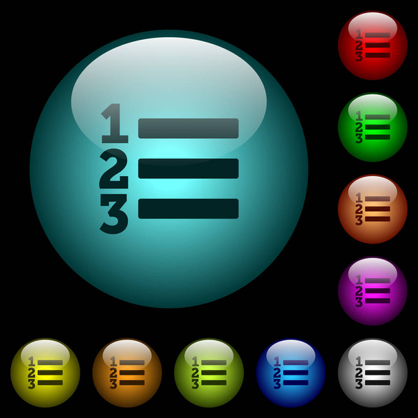 Впорядковані піктограми списку в кольорі ілюмінованих сферичних скляних кнопок на чорному тлі. Може використовуватися для чорних або темних шаблонів
 - Вектор, зображення