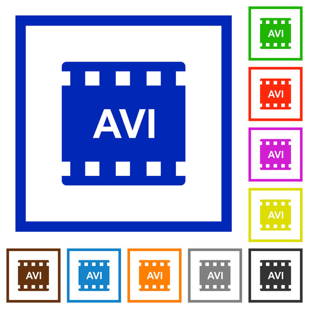 Icone a colori piatte in formato AVI in cornici quadrate su sfondo bianco
 - Vettoriali, immagini