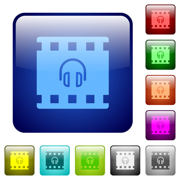 Movie audio icons in rounded square color glossy button set - Вектор,изображение