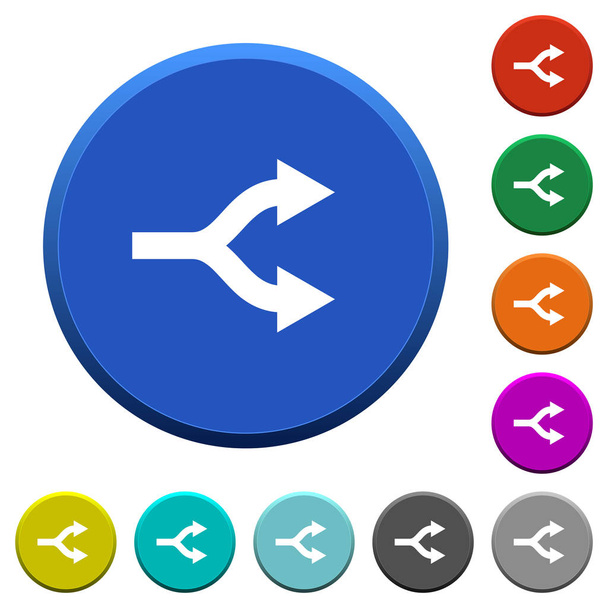 Разделенные стрелки круглого цвета скошенные кнопки с гладкими поверхностями и плоскими белыми иконками
 - Вектор,изображение