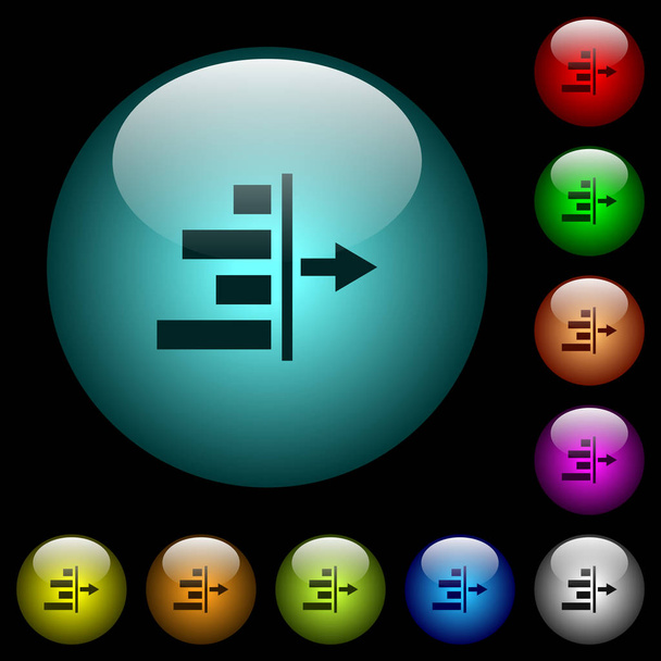 Riduci la rientranza destra delle icone del contenuto in pulsanti di vetro sferici illuminati a colori su sfondo nero. Può essere utilizzato per modelli neri o scuri
 - Vettoriali, immagini