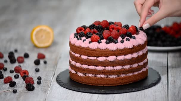 Шеф-повар украшает торт дикими ягодами - Кадры, видео