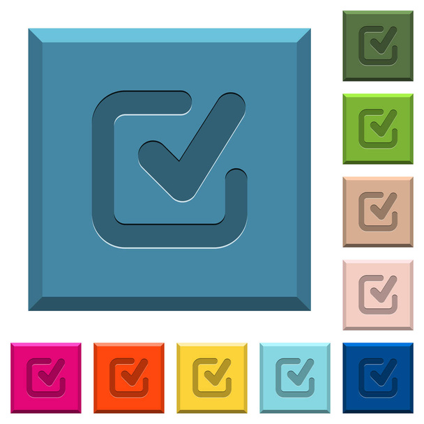 Comprobar iconos grabados en botones cuadrados con bordes en varios colores de moda
 - Vector, Imagen