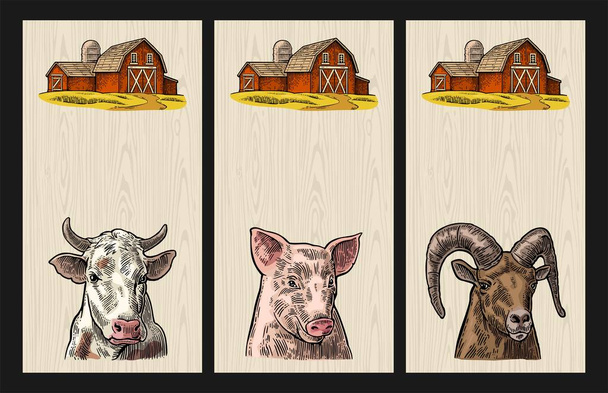 Εκτρεφόμενα ζώα για κάθετη αφίσα πρότυπο. Χοίρου, αγελάδων και αιγών κεφάλια που απομονώνονται σε φόντο με υφή ξύλου. Χαρακτική εκλεκτής ποιότητας εικονογράφηση φορέα χρώμα. Χέρι σε ένα στυλ γραφικών. - Διάνυσμα, εικόνα