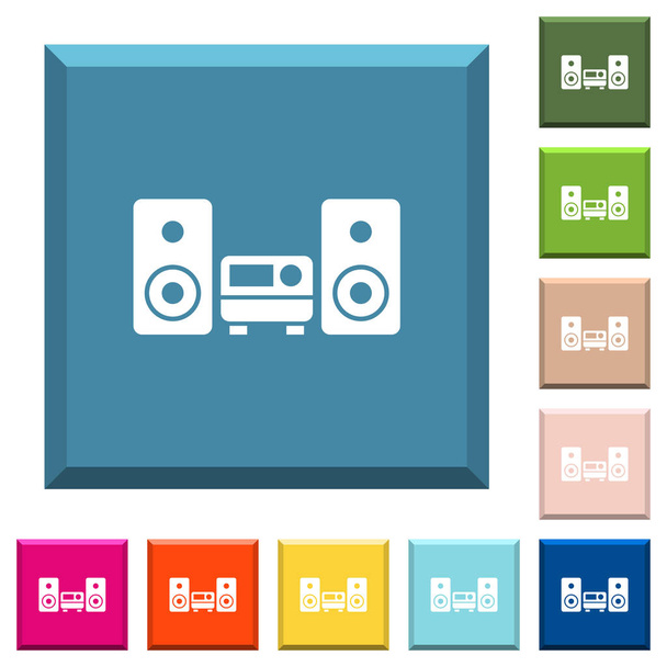 Στερεοφωνικό σύστημα λευκό εικονίδια στην κομμένες τετράγωνα κουμπιά σε διάφορα μοντέρνα χρώματα - Διάνυσμα, εικόνα
