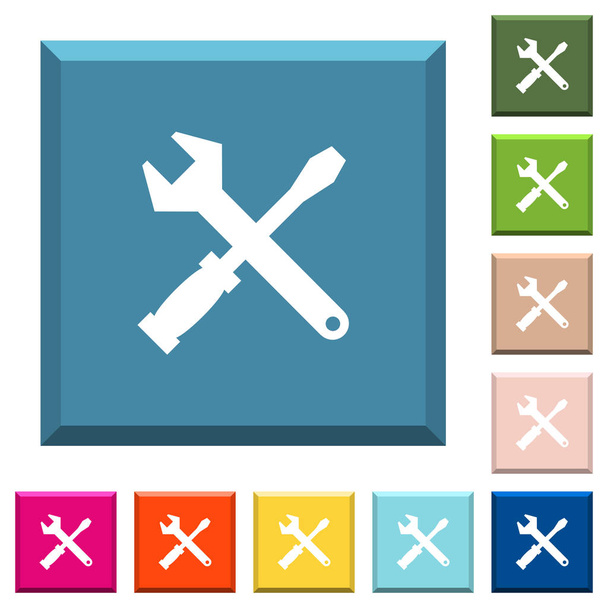Kit de ferramentas ícones brancos em botões quadrados afiados em várias cores da moda
 - Vetor, Imagem