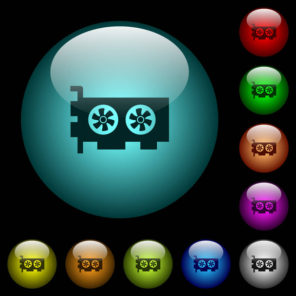 コンピューターのビデオ カードのアイコンを色には、黒い背景に球面ガラス ボタンが照らされています。黒または暗い色のテンプレートを使用することができます。 - ベクター画像