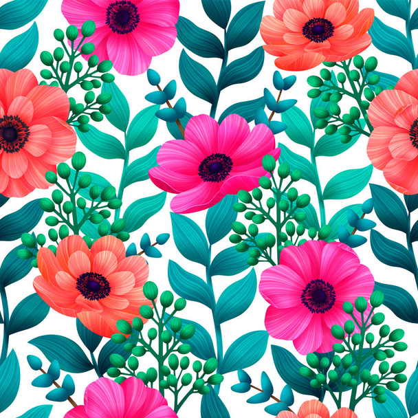 Luminous tropical seamless pattern with 3d style flowers and leaves on white background. Trendy design for wallpapers textile screensavers wedding or greeting cards. Vector illustration - Vektör, Görsel