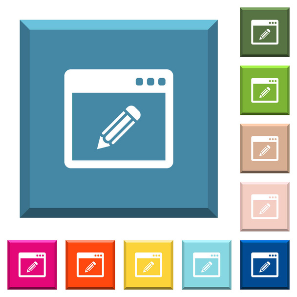 Aplicación de edición de iconos blancos en los botones cuadrados de bordes en varios colores de moda
 - Vector, Imagen