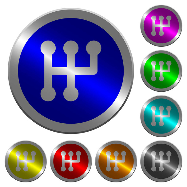 Iconos de cambio manual en botones redondos de acero de color similar a monedas luminosas
 - Vector, Imagen