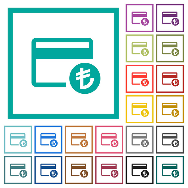 Turco Lira cartão de crédito ícones de cor plana com quadros quadrantes no fundo branco
 - Vetor, Imagem