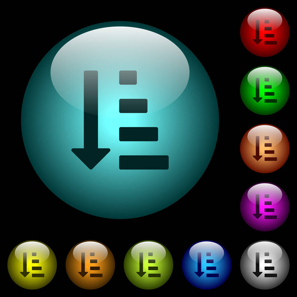 Ícones de modo lista ordenada ascendente em botões de vidro esféricos iluminados a cores no fundo preto. Pode ser usado para modelos pretos ou escuros
 - Vetor, Imagem