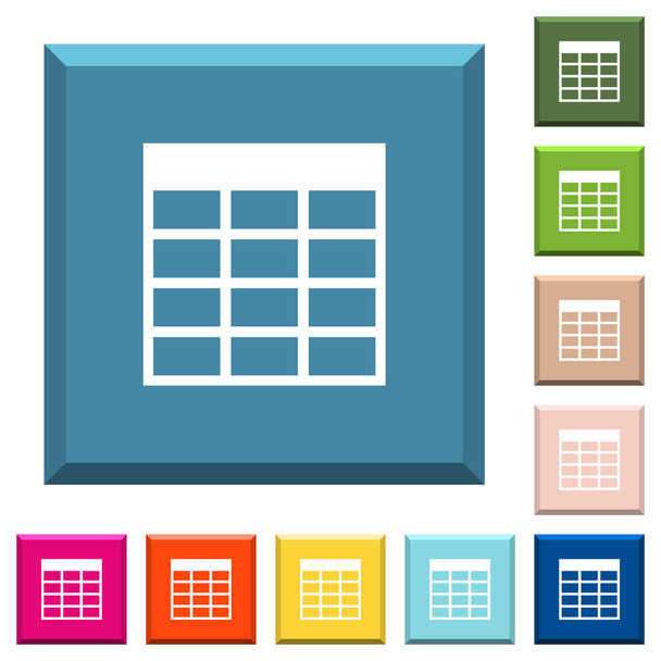 Werkblad tabel witte pictogrammen op geslepen vierkante knoppen in verschillende trendy kleuren - Vector, afbeelding
