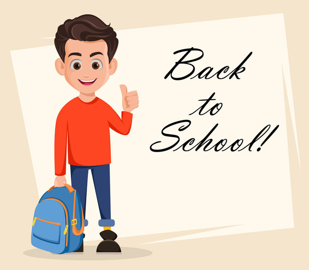 Welcome Back to School greeting card, poster or flyer. Boy is ready for school, cartoon character showing thumb up gesture. Vector illustration - Vector, Image
