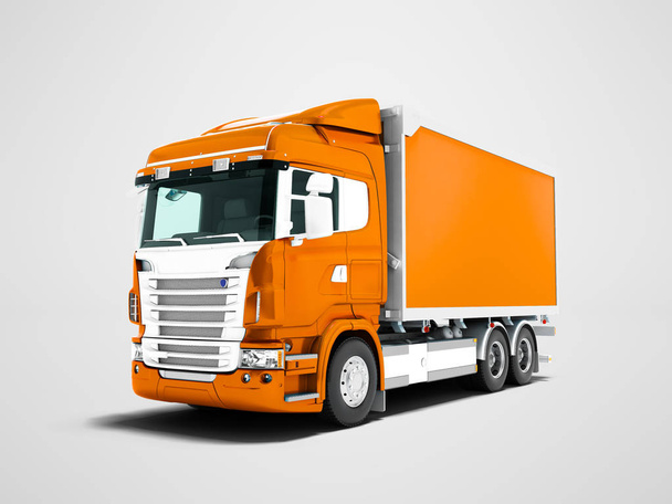 Современный оранжевый грузовик с оранжевым прицепом с белыми вставками для транспортировки товаров 3D рендеринг на сером фоне с тенью
 - Фото, изображение