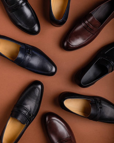 Male shoes collection. Men's fashion leather shoes flat lay. - Foto, Imagem