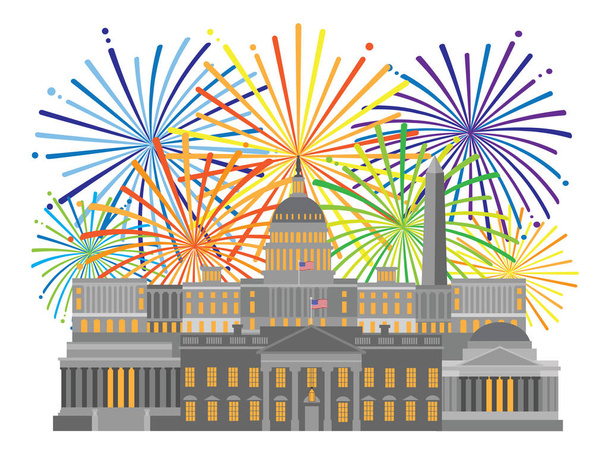 Fuegos artificiales sobre Washington DC Monumentos Monumentos Capitolio y monumentos Collage Aislado sobre fondo blanco Ilustración
 - Vector, Imagen