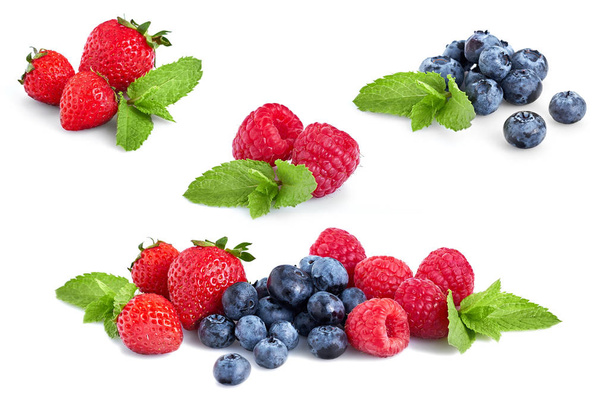 Fresh Berries Isolated on the White Background. Ripe Sweet Strawberry, Raspberry, Blueberry - Photo, image
