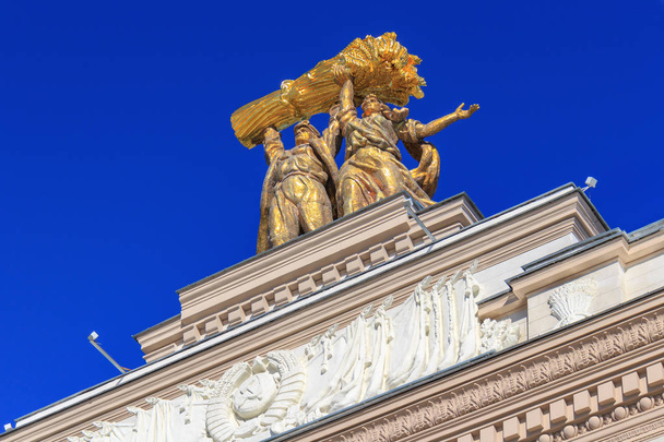 Moscow, Russia - August 01, 2018: Gilded figures of Tractor driver and collective farm girl against blue sky on arch of Main entrance on VDNH in Moscow - Fotografie, Obrázek