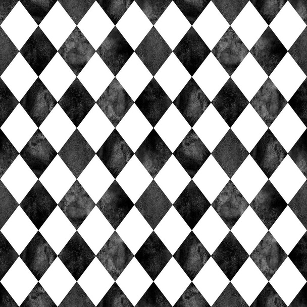 Watercolor black and white argyle seamless plaid pattern. Watercolour hand drawn texture background. Rhombus shapes background. Print for cloth design, textile, fabric, wallpaper, wrapping, tile. - Photo, Image
