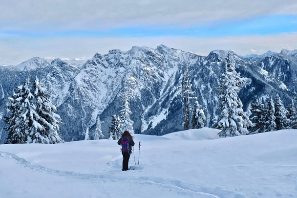 Kobieta, piesze wycieczki, wędrówki w rakietach śnieżnych gór North Shore w pobliżu Vancouver. Cypress Mountain Resort narciarskich zimą. Drzewa pokryte puszystym śniegu po śnieżycy. British Columbia. Kanada. - Zdjęcie, obraz