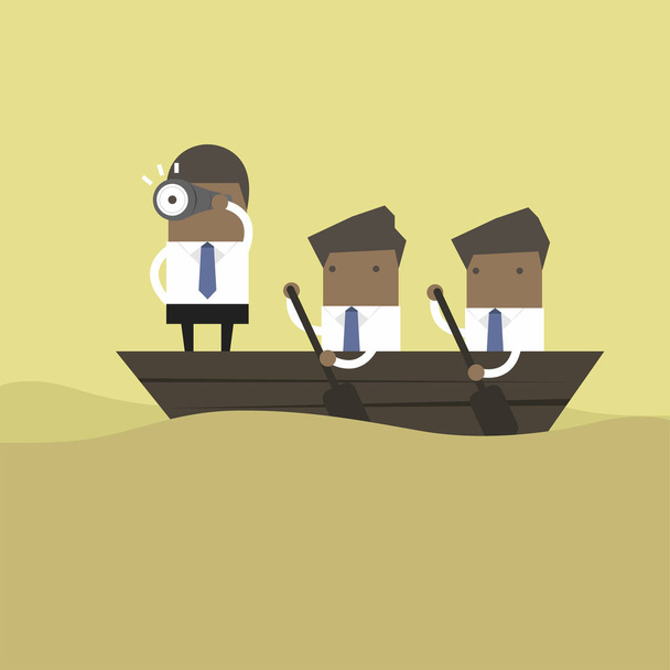 African businessman in rowing boat two rowers one captain manager boss leader. - Vector, Image