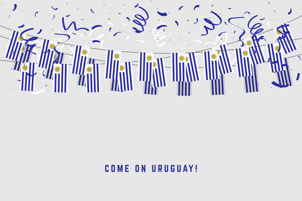 Uruguay věnec vlajka s konfety na šedém pozadí, pověsit, ulil Uruguay oslava šablona nápisu. vektor - Vektor, obrázek