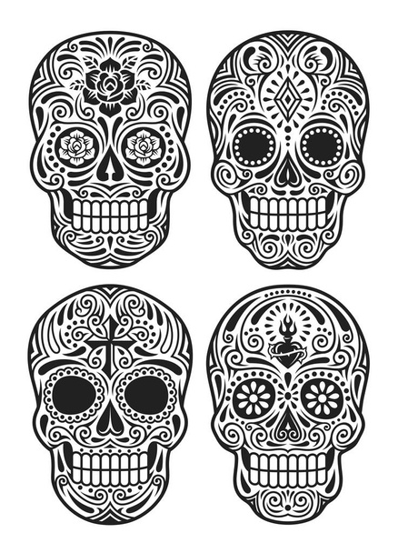 Day Of The Dead Skull Vector Illustration Set In Black And White - Vector, Image