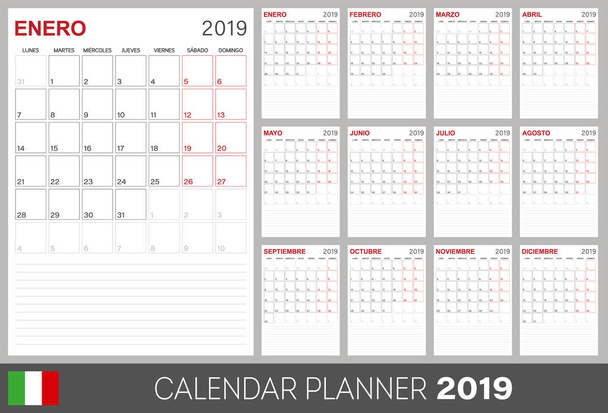 Italialainen kalenterisuunnittelija 2019, viikko alkaa maanantaina, 12 kuukauden sarja tammikuu-joulukuu, kalenteri mallin koko A4, yksinkertainen muotoilu valkoisella taustalla, asetettu työpöytä kalenteri malli, vektori kuva
 - Vektori, kuva