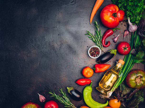 Raw organic vegetables with fresh ingredients for healthily cooking on vintage background, top view, banner. Vegan or diet food concept. Background layout with free text space. - Φωτογραφία, εικόνα