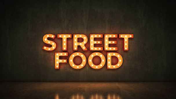 Neonowy znak na tle ściany z cegieł - Street food. renderowania 3D - Zdjęcie, obraz