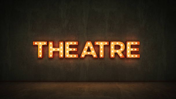 Neon Sign on Brick Wall background - Theatre. 3d rendering - Photo, Image