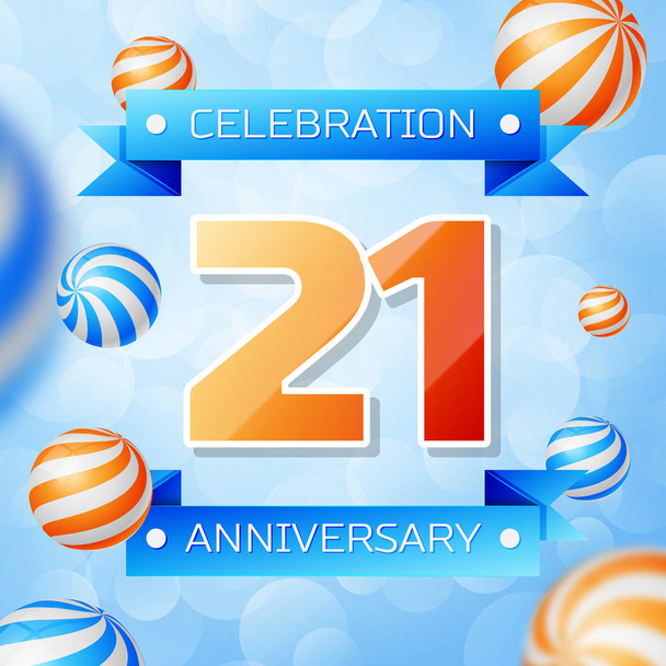 realistische 21 Jahre Jubiläumsfeier Design Banner. Goldzahlen und blaue Bänder, Luftballons auf blauem Hintergrund. Bunte Vektorvorlagen-Elemente für Ihre Geburtstagsfeier - Vektor, Bild