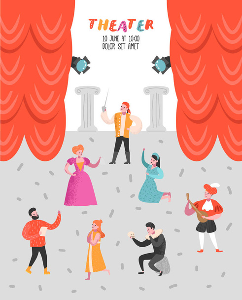 Theater Actor Characters Set. Flat People Theatrical Stage Poster. Artistic Perfomances Man and Woman. Vector illustration - Vector, Image