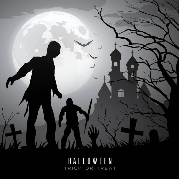 Feliz Halloween Zombies na Lua e Castelo fundo, ilustração vetorial
 - Vetor, Imagem