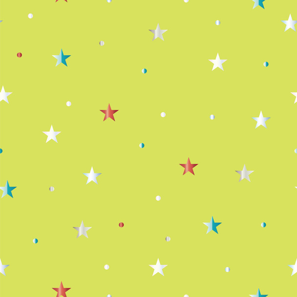 明るい緑の背景に複数の色の星とのシームレスなパターン - ベクター画像