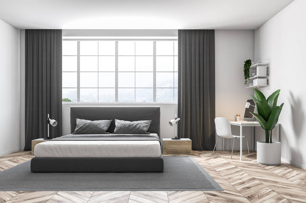 Master bedroom interior with white walls, a carpet on a wooden floor and a double bed under a large window. 3d rendering mock up - 写真・画像