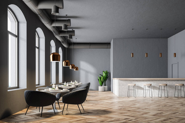 Moderno interior del restaurante con paredes grises, grandes ventanales, suelo de madera y mesas redondas con sillones. Un bar con taburetes. maqueta de representación 3d
 - Foto, Imagen