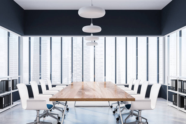 Cyan panoramic office conference room with a concrete floor, a cityscape windows, a long wooden table and white chairs. 3d rendering mock up - Foto, Imagen