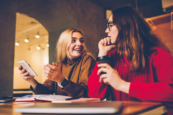 Smiling best female friends having conversation during leisure time on coffee break while studying, positive young woman explaining her idea to clever colleagues preparing homework task together - 写真・画像