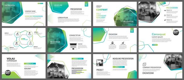 緑の幾何学的なスライド プレゼンテーション テンプレートとインフォ グラフィックの背景。ビジネス年次報告書、チラシ、コーポレート ・ マーケティング、チラシ、広告、パンフレット、モダンなスタイルの使用. - ベクター画像