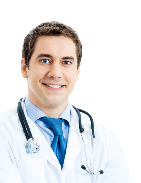 portret szczęśliwy uśmiechający się lekarza, na białym tle - Zdjęcie, obraz