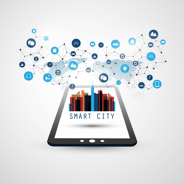 Smart City, Internet of Things Design konsepti Tablet PC kuvakkeet - Digitaaliset verkkoyhteydet, Teknologian tausta
 - Vektori, kuva