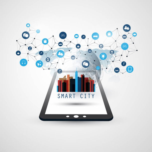 Smart City, Internet of Things Design konsepti Tablet PC kuvakkeet - Digitaaliset verkkoyhteydet, Teknologian tausta
 - Vektori, kuva