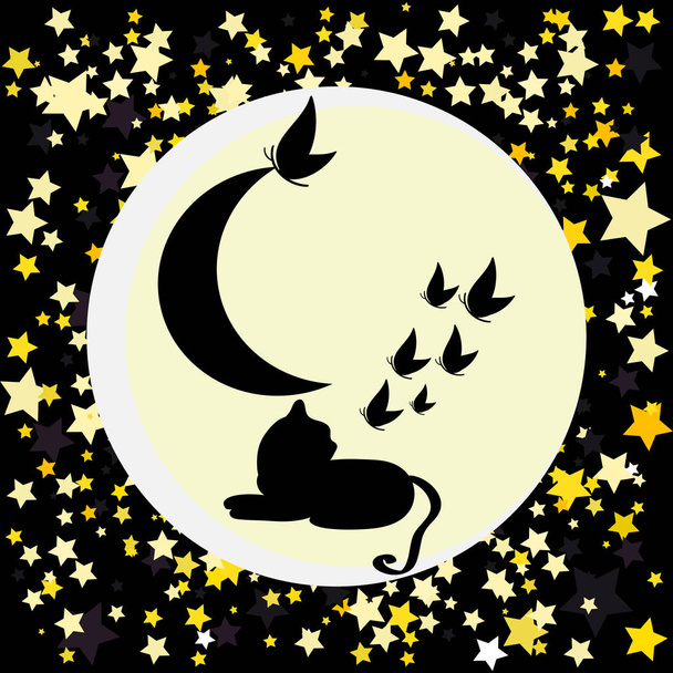 Cat silhouette with butterflies isolated on abstract star background. Vector illustration. - Vector, Image