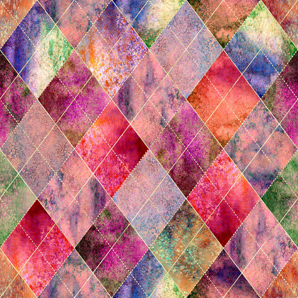 Watercolor argyle abstract pink geometric plaid seamless pattern with gold glitter line contour. Watercolour hand drawn bright colorful texture background. Print for textile, wallpaper, wrapping. - Photo, image