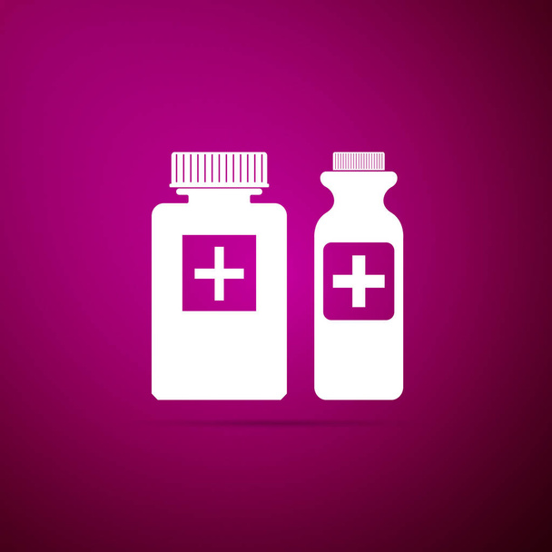 Zdravotní lahví ikona izolované na fialovém pozadí. Tablety symbol. Zdravotní péči. Plochý design. Vektorové ilustrace - Vektor, obrázek