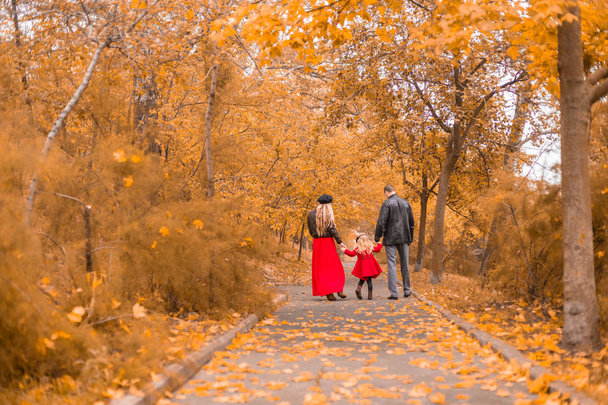 family father, mother and little daughter walk in the autumn park - Foto, afbeelding