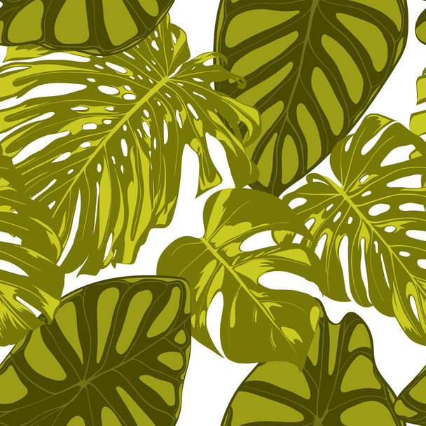 Тропические листья. Бесшовный рисунок с ручными листьями Монстера и Алоказии. Экзотические отношения для текстиля, Ткань. Векторный беззвучный фон с зелеными насаждениями. Леса джунглей. Акварель
. - Вектор,изображение